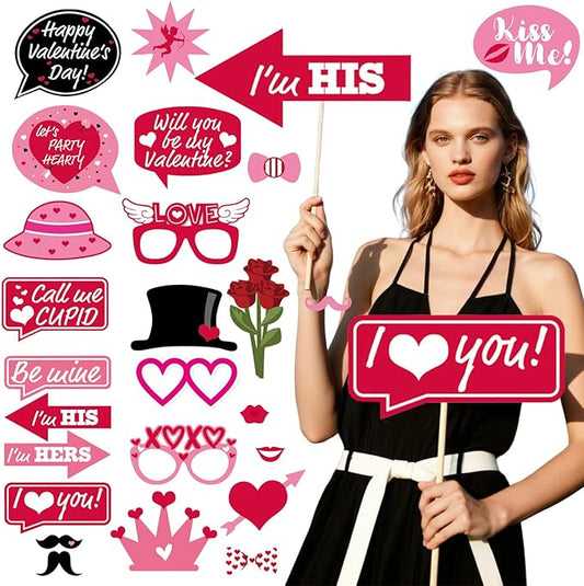 Valentines Day Photo Booth Props 28 Pcs Pink Valentine Photography Backdrop Decorations with Selfie Signs for Wedding Party Games Lovers Selfie Posing DIY Craft Supplies Holiday Celebration Decor