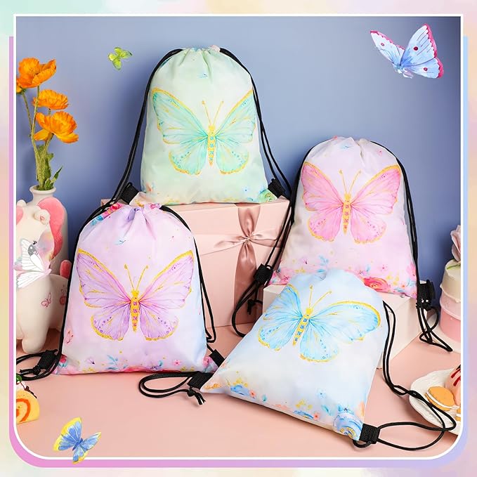 Censen 24 Pcs Butterfly Party Favors Drawstring Bags Bulk 12 x 10 Inch Waterproof Beach Treat Candy Gift Bag for Baby Shower Butterfly Fairy Birthday Party Supplies