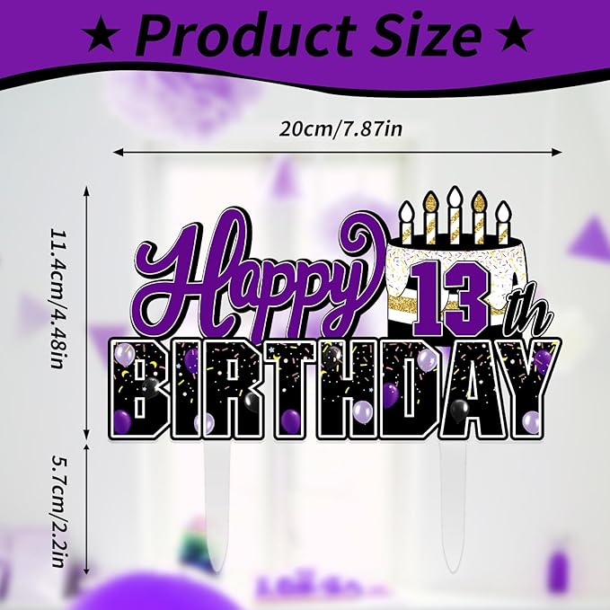 LINGTEER Happy 13th Birthday Purple Acrylic Cake Topper,Purple Theme Birthday Cheers to Thirteen Years Old Party Cake Decorations Gift Sign.