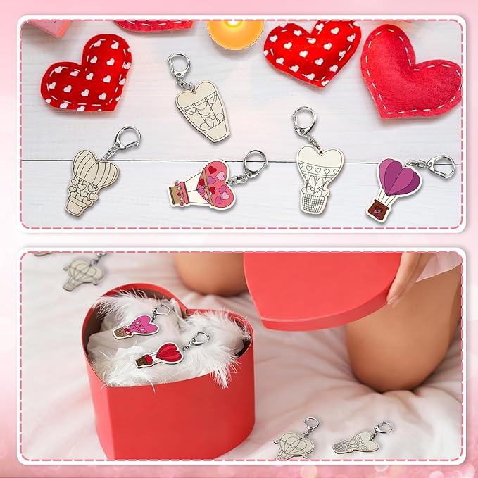 RattanView 24 Pcs Valentine's Day Heart Hot Air Balloon Craft Color Your Own Keychains DIY Craft Wooden Blank Keychains for Sunday School Classroom Home Active Party Favors Gifts, 12 Styles