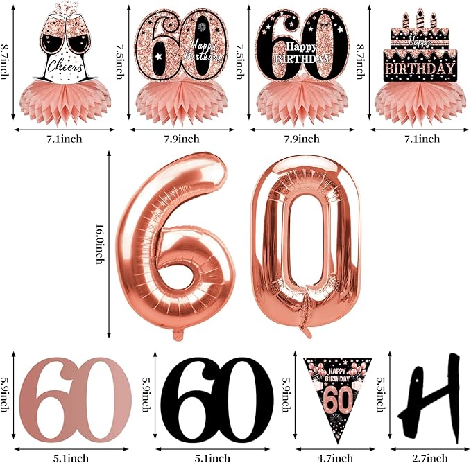 Guiruiy 13PCS 60th Birthday Decorations for Women, Rose Gold Happy 60 Birthday Banner Centerpieces Swirls Balloons Kit Party Supplies, Sixty Years Old Bday Ceiling Table Topper Decor