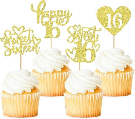 Keaziu 48 Pack Happy Sweet 16 Cupcake Toppers Sweet Sixteen 16 Happy 16 Cupcake Picks for 16th Birthday Wedding Anniversary Party Cake Decorations Supplies Gold