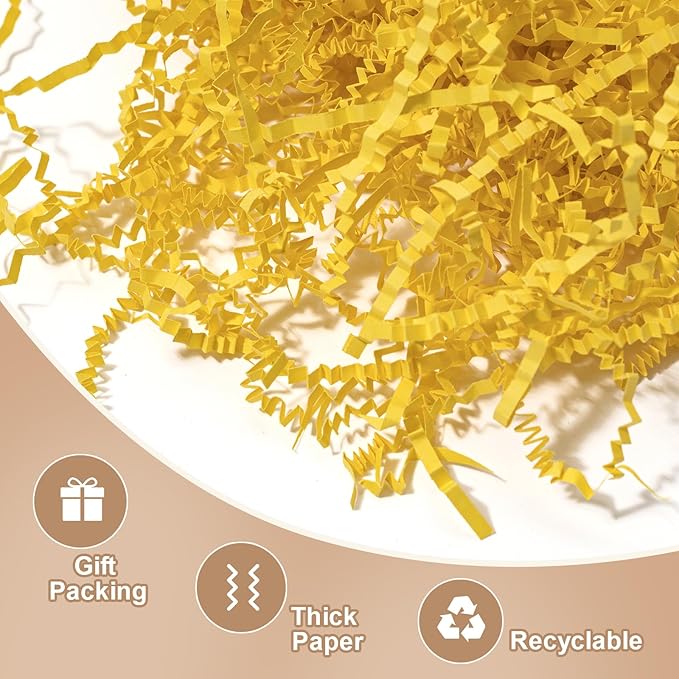 Wowxyz 1 LB Crinkle Cut Paper Shred Yellow Crinkle Shredded Paper for Gift Baskets - Gift Box Bag Filler - Confetti Stuffing for Birthday, Holiday Present Packaging Wrapping