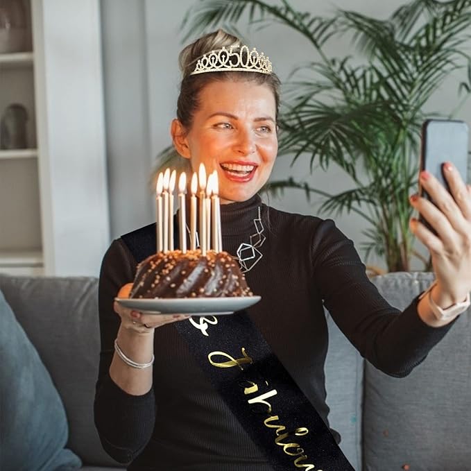 "50 & Fabulous" Birthday Tiara and Sash Kit- 50th Birthday Gifts for Women 50th Birthday Party Decorations (black)