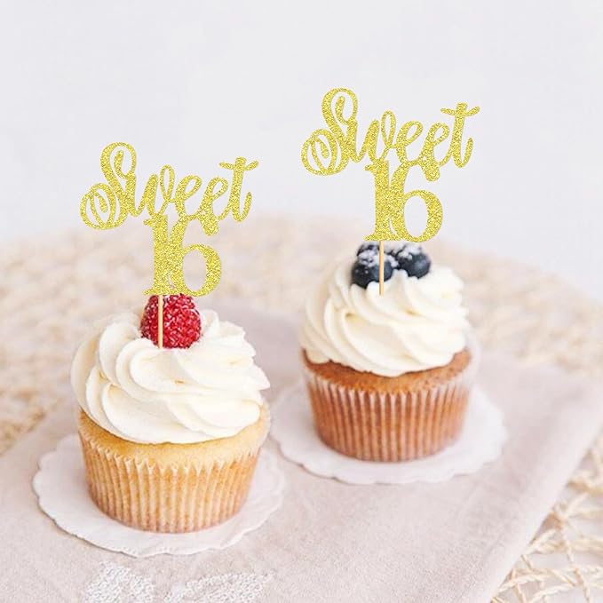 Keaziu 24 Pack Sweet 16 Cupcake Toppers Sweet Sixteen 16 Happy 16 Cupcake Picks for 16th Birthday Wedding Anniversary Party Cake Decorations Supplies Gold