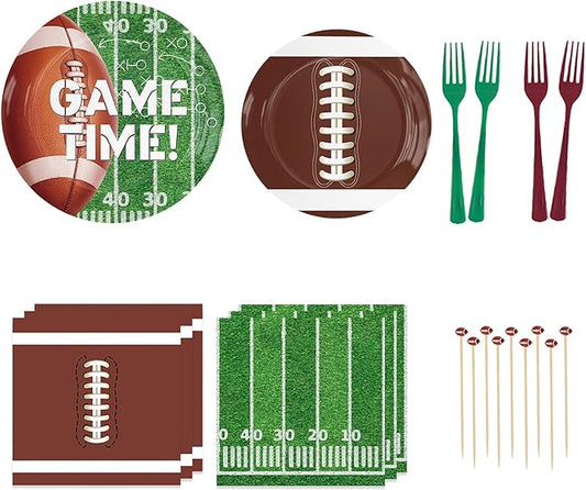 130 Pcs Football Party Supplies Kit Serve 20 – 9”/7” Plates, Napkins, Forks & 3D Mini Football Topper Toothpicks, Tableware for Game Day & Birthday Party Decor