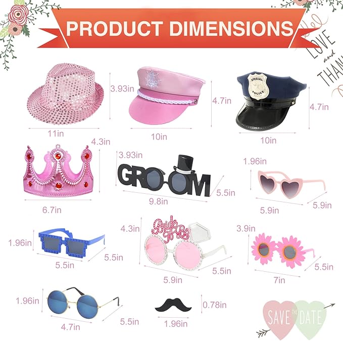 18 Pcs Fun Photo Booth Props Set for Adults, Novelty Funny Hats and Party Sunglasses, Colorful beards, Photo Booth Props Kit for Wedding, Bachelorette Party, Birthday, Costume, Events, All Occasions