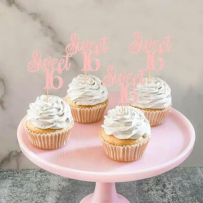 Keaziu 24 Pack Sweet 16 Cupcake Toppers Sweet Sixteen 16 Happy 16 Cupcake Picks for 16th Birthday Wedding Anniversary Party Cake Decorations Supplies Pink