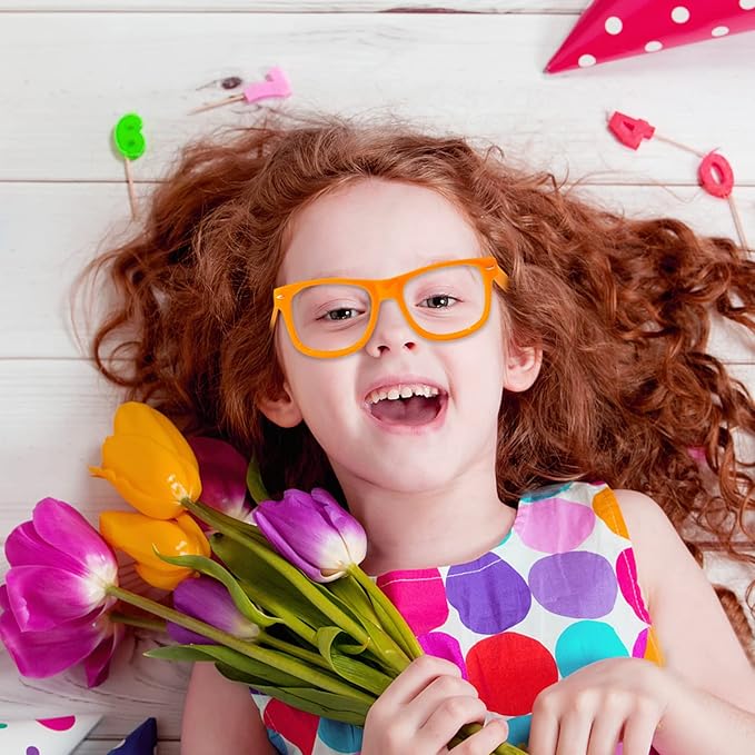 SUNOVELTIES 12 Pack Kids Orange Pretend Play Glasses Bulk, Boys Girls Birthday Party Favors No Lens Frame Fake Glasses