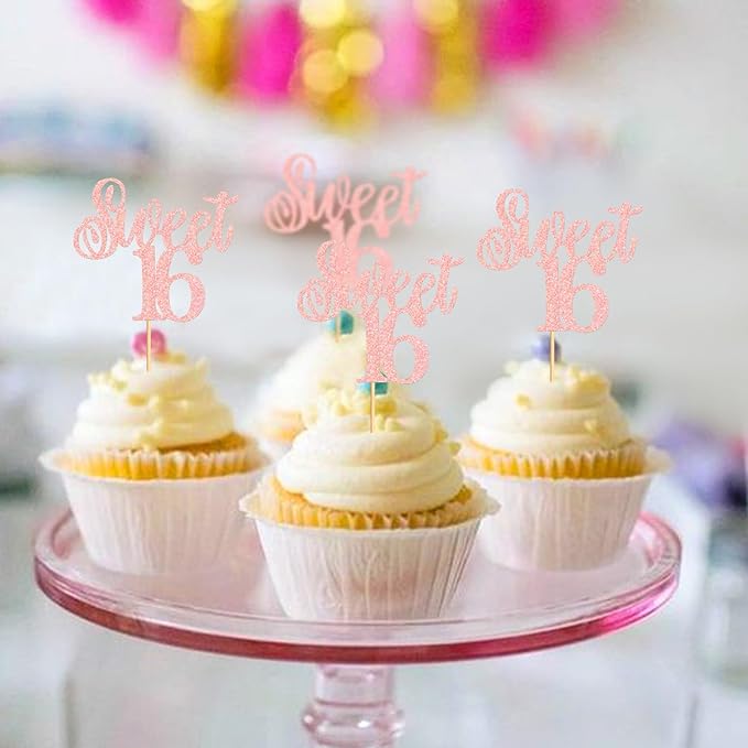 Keaziu 24 Pack Sweet 16 Cupcake Toppers Sweet Sixteen 16 Happy 16 Cupcake Picks for 16th Birthday Wedding Anniversary Party Cake Decorations Supplies Pink