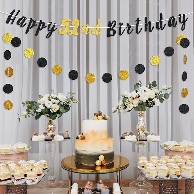 LASKYER Happy 52nd Birthday Decoration Set - 52nd Bday Banner with Black & Gold Glitter Circle Dots Cheers to 52 Years Old Birthday Party Decorations.[Pre - Strung]