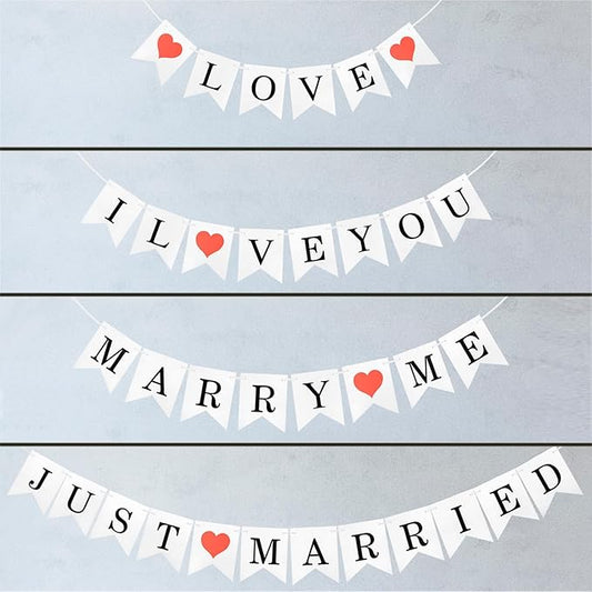 Just Married Banner Wedding Decorations, Marry Me, I Love You, LOVE Banners (4 Sets, 5.7x4.7 inches, White Paper)