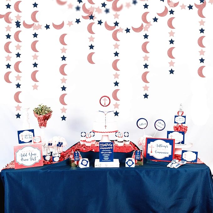 Rose-Gold Moon-Star Party Decorations Garland - 52Ft Navy Blue Pink Twinkle Little Star Hanging Decoration Streamers Banner, Eid Ramadan Mubarak Decoration Birthday Wedding Baby Shower Decor Panduola