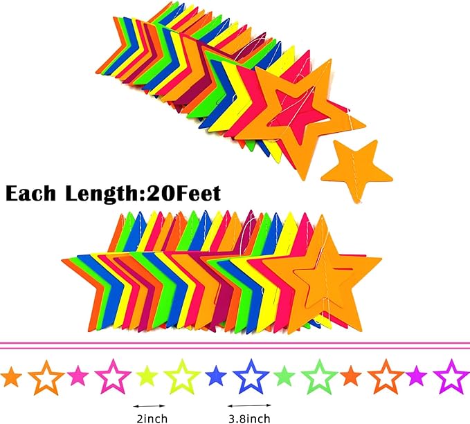 126feet UV Neon Streamers Hollowed Star Hanging Paper Glow Garland Neon Glow in The Dark Party Supplies and Decorations Blacklight Reactive Fluorescent Black Light Party Kit for Birthday Wedding