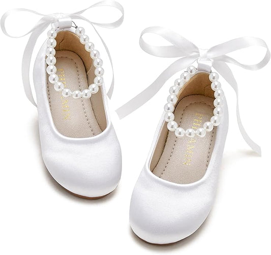 Toddler Flower Girl Dress Shoes - Little Girl Ballet Flats Pearl Strap for Wedding Party