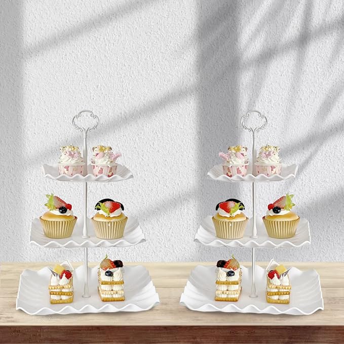 5 Pcs Cupcake Stand Set - Plastic Dessert Table Display Set, 2 White Square 3 Tier Cupcake Display Stands Cookie Tray Rack Serving Tower & 3X 14 in Plastic Trays for Wedding Baby Shower Tea Party