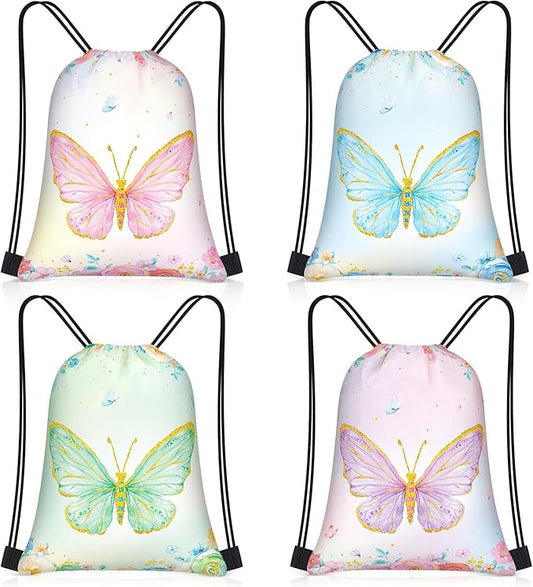 Censen 24 Pcs Butterfly Party Favors Drawstring Bags Bulk 12 x 10 Inch Waterproof Beach Treat Candy Gift Bag for Baby Shower Butterfly Fairy Birthday Party Supplies