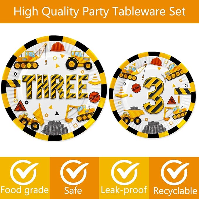 345 Pcs Construction 3rd Birthday Party Supplies, Dump Truck Three Years Old Party Decorations Include Backdrop, Balloons Box, Hanging Swirls, Hat, Tablecloth, Plates, Cake Toppers, Balloons Garland
