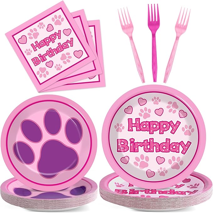96 Pcs Pink Paw Birthday Party Plates and Napkins Puppy Print Party Decorations Dog Theme Supplies Lets Pawty Paper Dessert Plates Tableware Set for Kids Boy Girl Baby Shower 24 Guests