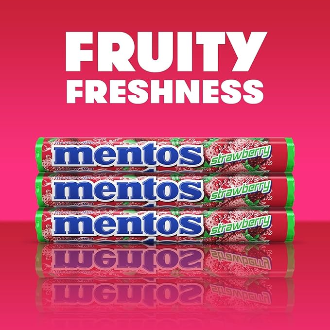 Mentos Chewy Mint Candy Roll, Strawberry Mint Candies, 14 Pieces Per Roll, 15 Count Party Pack