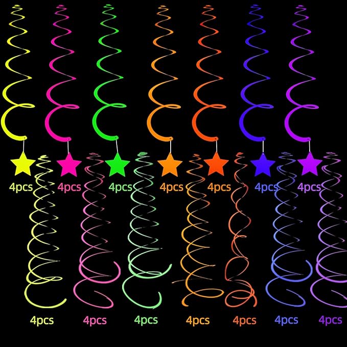 56 Pieces Rainbow Hanging Swirl Decorations Neon Swirl Streamers UV Neon Garland Ceiling Decorations Glow in The Dark Neon Party Supplies and Decorations Black Light Party Kit for Birthday Wedding