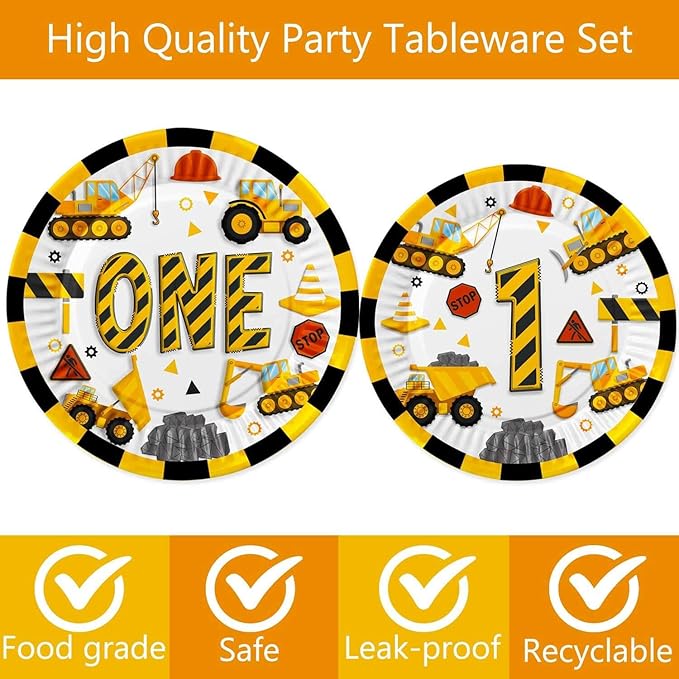345 Pcs Construction 1st Birthday Party Supplies, Dump Truck One Year Old Party Decorations Include Backdrop, Balloons Box, Hanging Swirls, High Chair Banner, Hat, Tablecloth, Plates, Cake Toppers