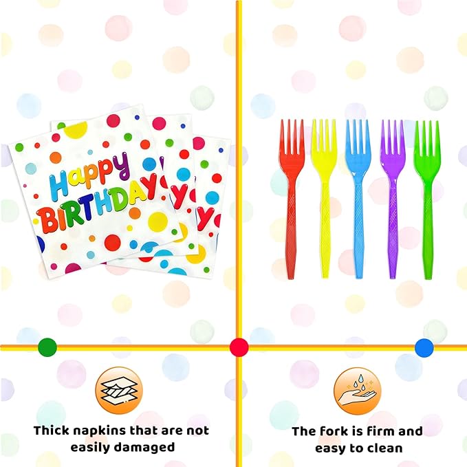 LyingMonkey 100 Pcs Birthday Colorful Dots Plates Napkins Forks, Disposable Happy Birthday Dots Tableware Set Party Supplies