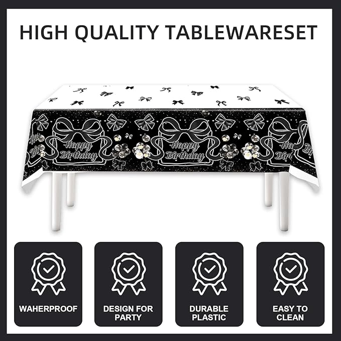 171Pcs Black Silver Bow Birthday Party Decorations for 20 Guests - Black Silver Bow Tableware Plates Napkins Forks Cups Straws Tablecloch for Baby Shower Birthday Party Decorations