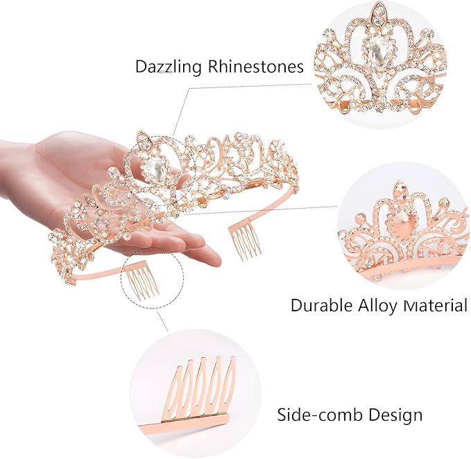 Bachelorette Party Decorations - 3pcs Bridal Shower Decorations include Bride to Be Crown Sash Veil for Women Bachelorette Hen Party Favors Accessories Wedding Decor Bridal Shower Gifts (Rose Gold)