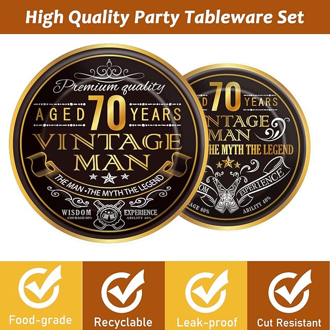 Wiooffen 96 Pcs Vintage 70th Party Tableware Set Back in 1956 70th Theme Birthday Party Table Decoration Supplies Cheers to 70 Years Paper Plate Napkin Fork 24 Guests for Men