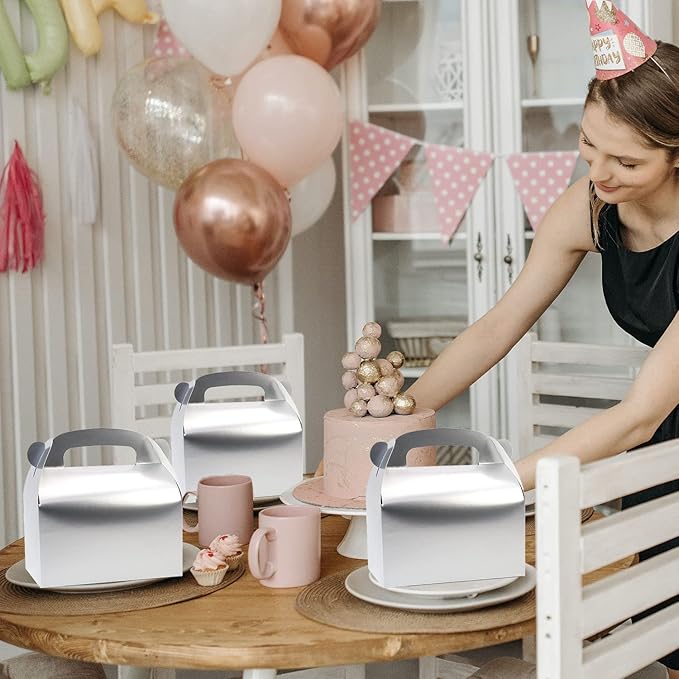 Oletx 30-Pack Silver Party Favor Treat Boxes, Goodie Boxes, Gable Paper Gift Boxes with Handles. Perfect for Wedding, Birthday, Graduation, Babyshower.