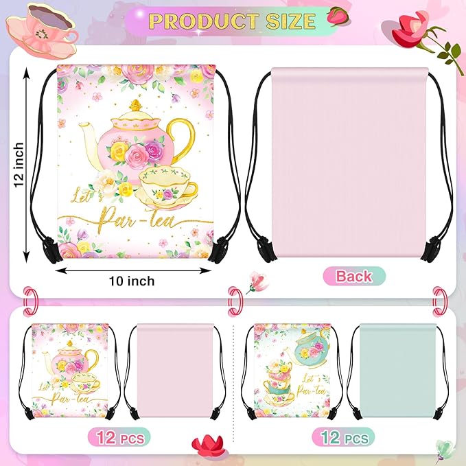 Censen 24 Pcs Tea Party Drawstring Bags Set Bulk 12 x 10 Inch Spring Themed Bags for Girls Boys Kid Birthday Baby Shower Party