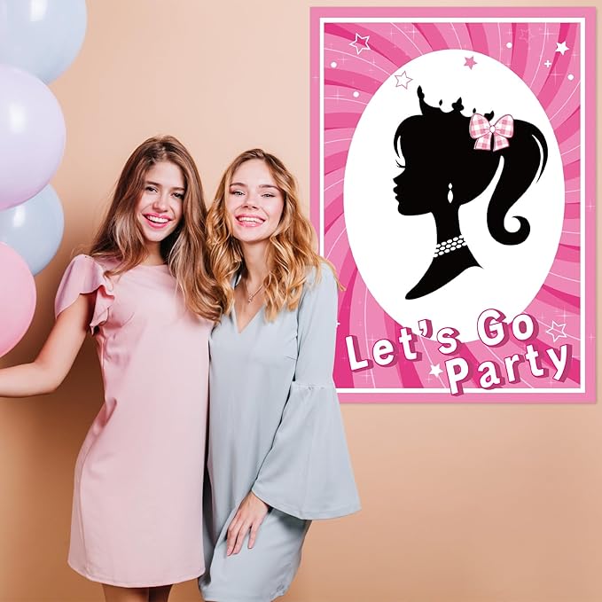 QISOLIY Pink Girl Party Game Decorations, Girl Princess Pin The Bow on The Head Party Game Supplies, Large Poster with 24 Pcs Bow Stickers Favors for Birthday Party