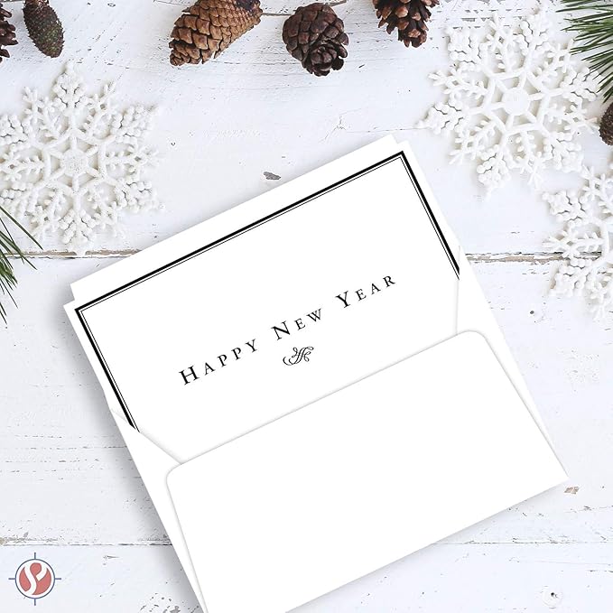 "Happy New Year" Greeting Cards and Envelopes, Minimalist Border Christmas, Xmas, New Year Greetings, Invitations, Thank You's, Small Business, Gift and Presents – 25 per Pack – 5" x 7" (A7 Size)