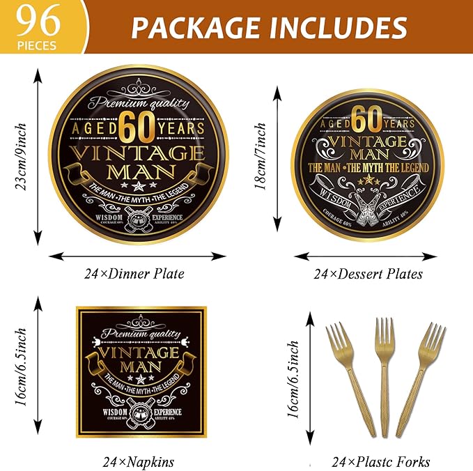 Wiooffen 96 Pcs Vintage 60th Party Tableware Set Back in 1966 60th Theme Birthday Party Table Decoration Supplies Cheers to 60 Years Paper Plate Napkin Fork 24 Guests for Men