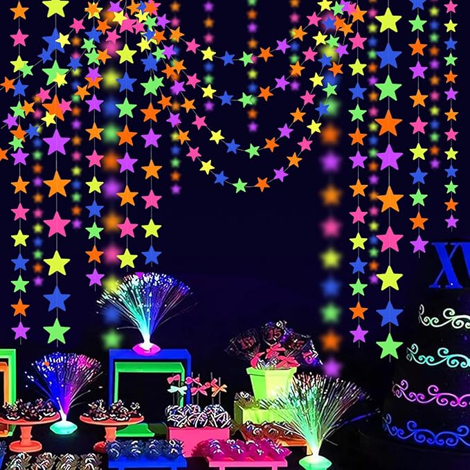 120feet UV Neon Star Garland Hanging Paper Streamers Glow in The Dark Black Light Glow Party Supplies and Decorations Glow in The Dark Garlands Blacklight Reactive Fluorescent Party Kit for Birthday