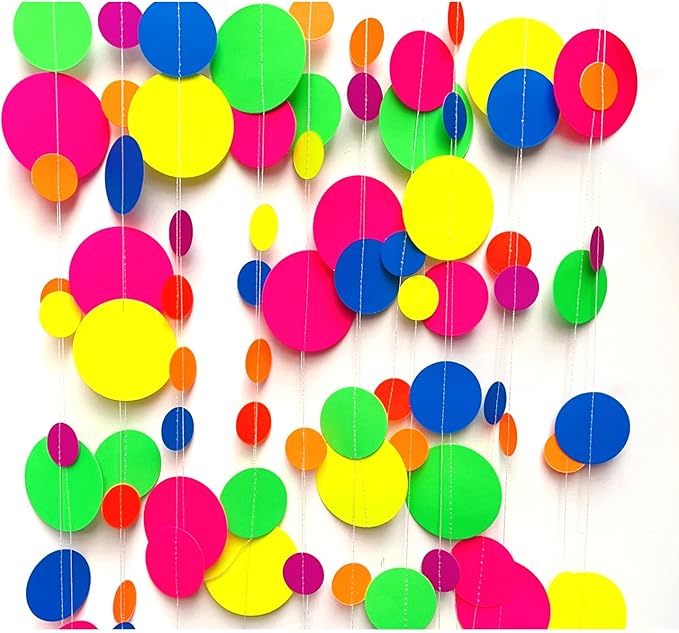 120feet Round Dot UV Neon Garland Hanging Paper Glow in The Dark Neon Glow Party Supplies and Decorations Glow in The Dark Blacklight Reactive Fluorescent Black Light Party Kit for Birthday Wedding