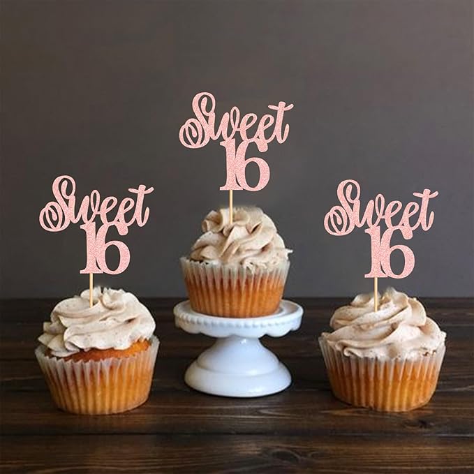 Keaziu 24 Pack Sweet 16 Cupcake Toppers Sweet Sixteen 16 Happy 16 Cupcake Picks for 16th Birthday Wedding Anniversary Party Cake Decorations Supplies Pink