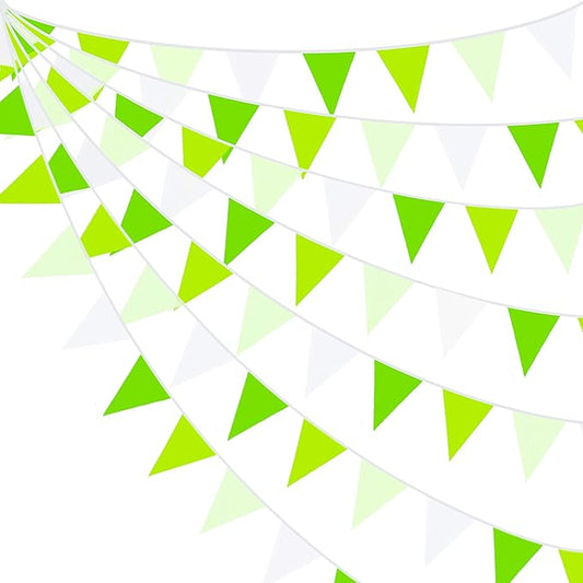 10M/32Ft Green and White Banner Party Decorations Triangle Flag Fabric Banner Cotton Pennant Bunting Garland for Wedding Birthday Home Nursery Outdoor Garden Hanging Festivals Decoration