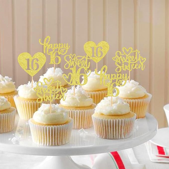 Keaziu 48 Pack Happy Sweet 16 Cupcake Toppers Sweet Sixteen 16 Happy 16 Cupcake Picks for 16th Birthday Wedding Anniversary Party Cake Decorations Supplies Gold