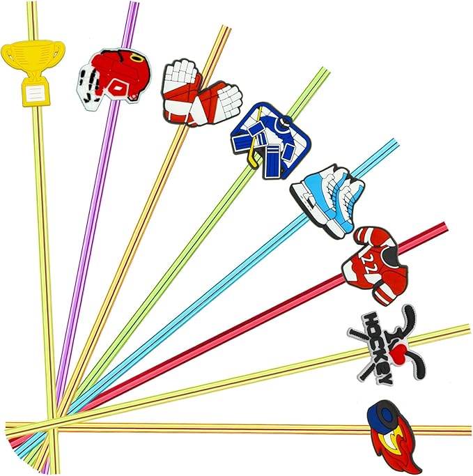 MEAXUR 24 pcs Ice Hockey Theme Straight Reusable Straws for Ice Hockey Sports Party Favors, Daily Drink Straws, Birthday Party, Reunion, Sports Party Supplies with 2 Cleaning Brush. (6 colors)
