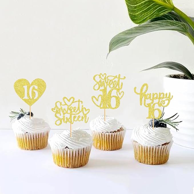 Keaziu 48 Pack Happy Sweet 16 Cupcake Toppers Sweet Sixteen 16 Happy 16 Cupcake Picks for 16th Birthday Wedding Anniversary Party Cake Decorations Supplies Gold
