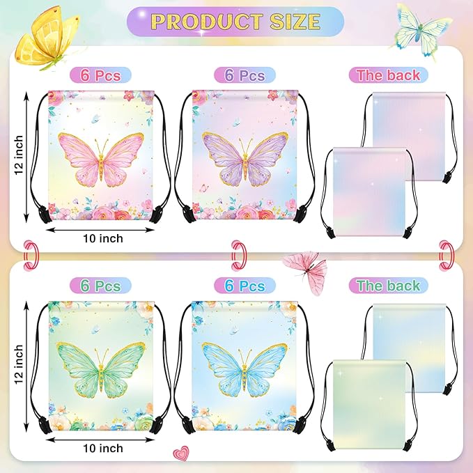 Censen 24 Pcs Butterfly Party Favors Drawstring Bags Bulk 12 x 10 Inch Waterproof Beach Treat Candy Gift Bag for Baby Shower Butterfly Fairy Birthday Party Supplies