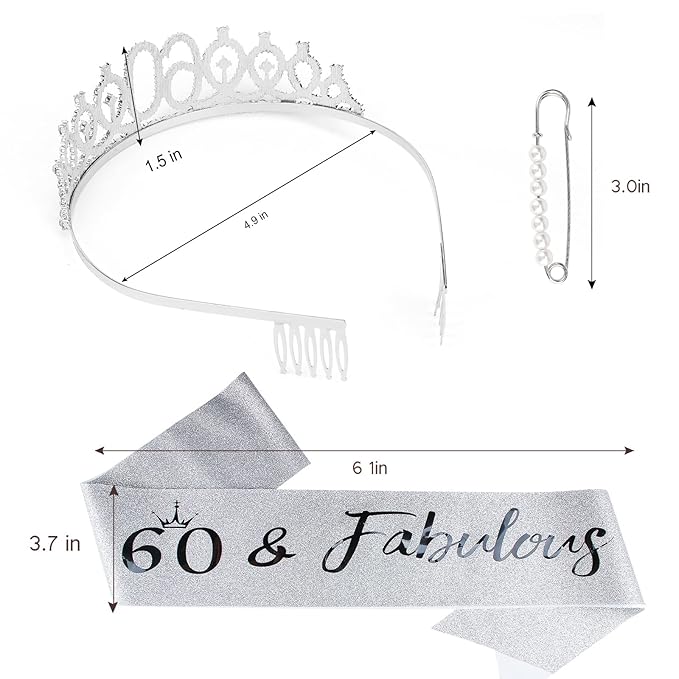 "60 & Fabulous" Birthday Tiara and Sash Kit- 60th Birthday Gifts for Women 60th Birthday Party Decorations (silver)