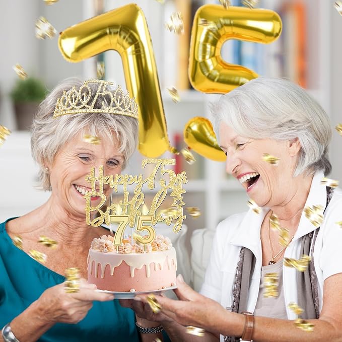 75th Birthday Decorations - Women's Sash & Tiara, Cake Toppers, Number 75 Candles, Gold Balloons, Party Gifts