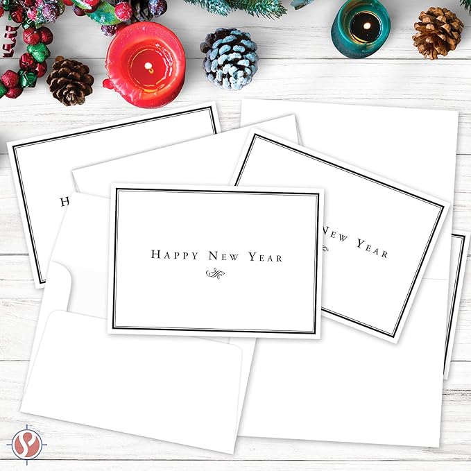 "Happy New Year" Greeting Cards and Envelopes, Minimalist Border Christmas, Xmas, New Year Greetings, Invitations, Thank You's, Small Business, Gift and Presents – 25 per Pack – 5" x 7" (A7 Size)