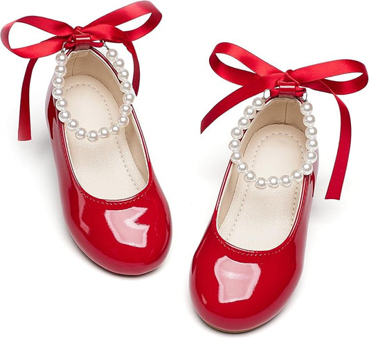 Toddler Flower Girl Dress Shoes - Little Girl Ballet Flats Pearl Strap for Wedding Party