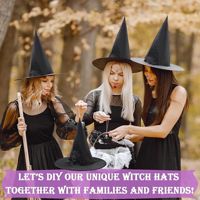 ZeeDix 8 Pcs Halloween Witch Hats Hanging Decor Indoor, Black Floating Witches Hat with 98 Ft Hanging Rope, Wizard Costume Accessories Outdoor Halloween Decorations for Home Yard Porch Ceiling
