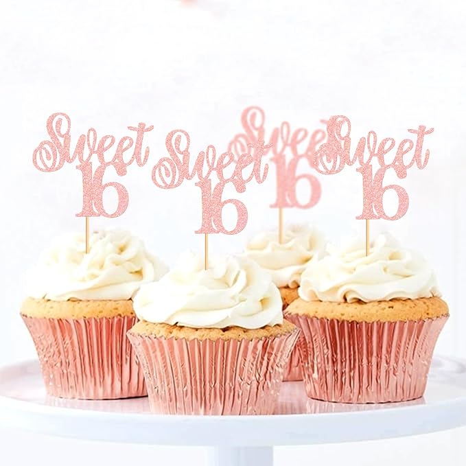 Keaziu 24 Pack Sweet 16 Cupcake Toppers Sweet Sixteen 16 Happy 16 Cupcake Picks for 16th Birthday Wedding Anniversary Party Cake Decorations Supplies Pink
