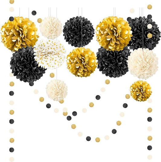 NICROLANDEE Black Gold Party Decorations, 15 PCS Tissue Paper Pom Poms Kit for 2026 New Year Party, Wedding, Birthday, Engagement, Graduation Party Decor, Paper Garland Flower Ball Ceiling Wall Decor